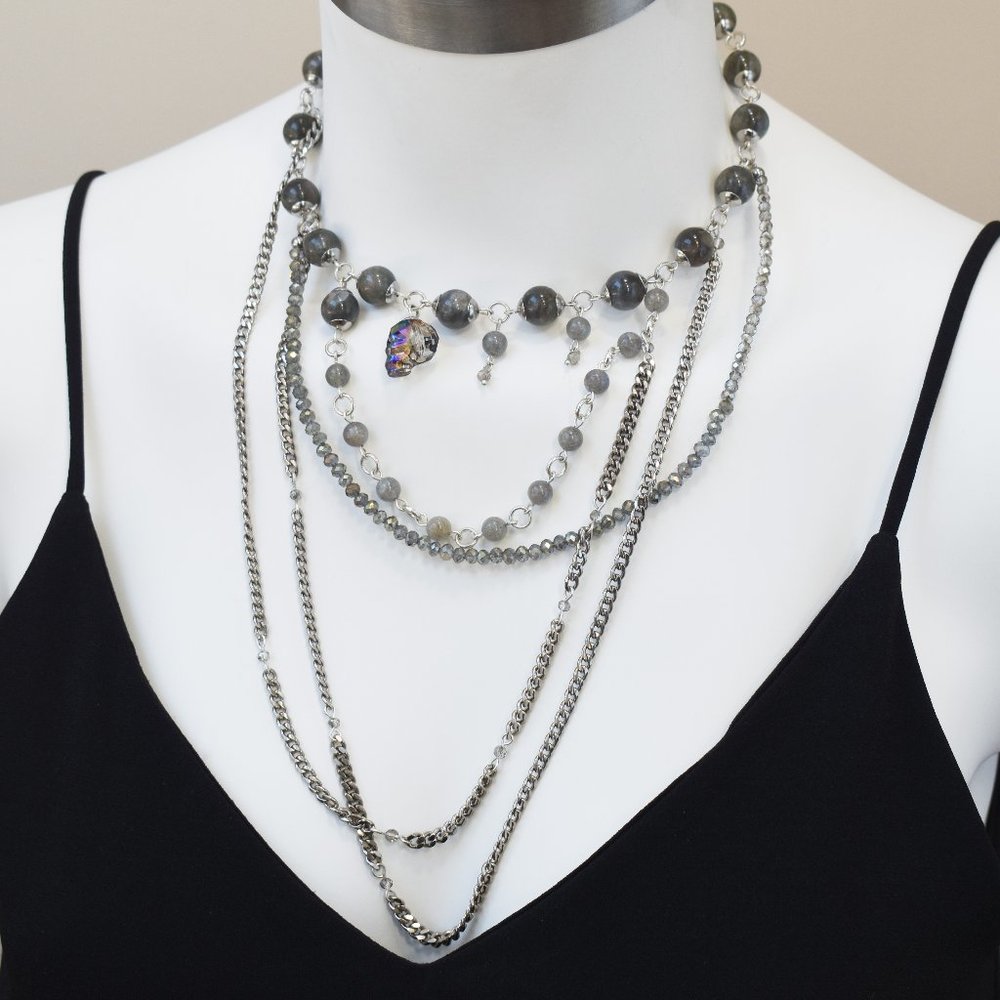Multi layer bib necklace silver chain, crystal skull necklace for women